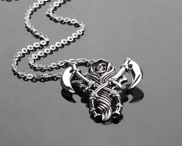 

men pendant necklaces grim reaper skeleton death hip hop retro cool rock roll sickle 316l stainless steel steampunk designer acces8700696, Silver