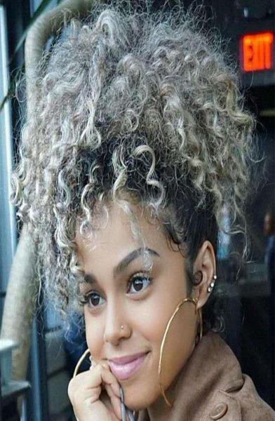 

grey hair drawstring ponytail kinky curly afro clip on updo chignon bun hair piece extensions for african american women medium si8087690, Black