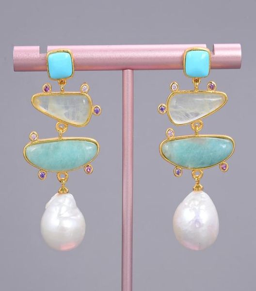 

guaiguai jewelry freshwater white pearl blue turquoise green amazonite dangle stud earrings for women real gems stone lady fashion2099220, Silver