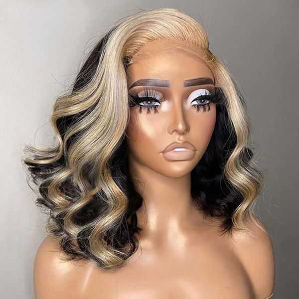 

180Density Peruvian Short Blonde Lace Front Human Hair Bob Wig Body Wave Highlight Colored Synthetic Lace Frontal Wigs For Women, Dark brown