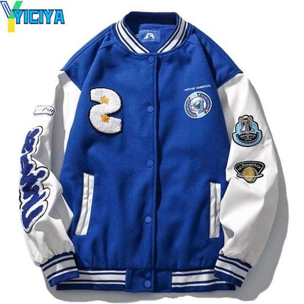 

yiciya men's jackets men woman spring varsity jacket hip hop loose pattern embroidery splicing bomber street preppy thin baseball unifo, Black;brown