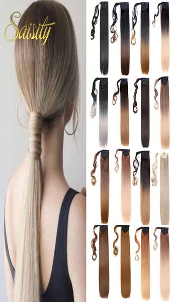 

lans synthetic 22inches long straight wrap around clip in ponytail hair extension heat resistant synthetic pony tail fake hair ls16644721, Black