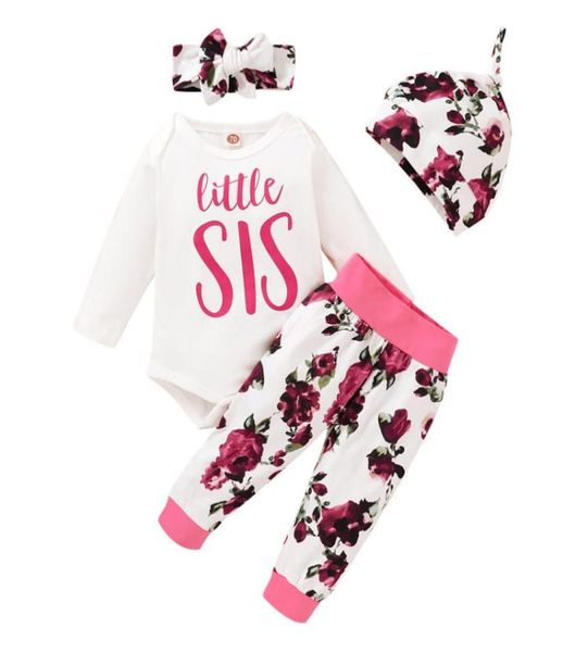 

baby floral outfits infant girls cartoon letter printed toddler baby romper kids flower striped pants headband hats 4 pcs sui7682637, White