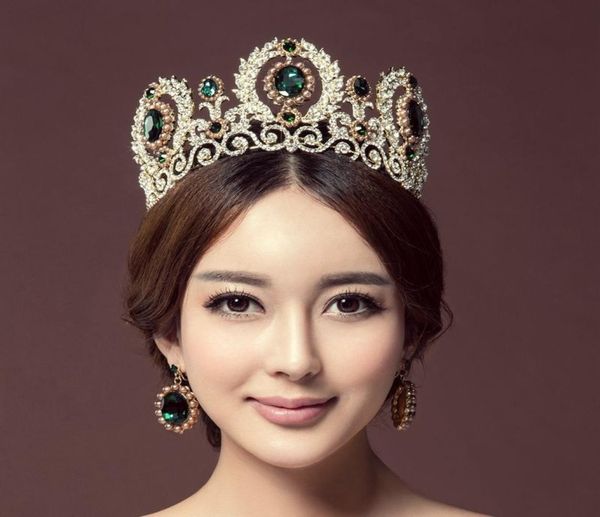 

baroque royal queen king pearl bridal tiaras crowns wedding hair accessories rhinestone diadem prom pageant crown with earrings y23164284, White;golden
