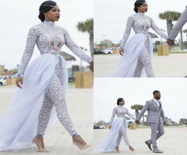 

gorgeous jumpsuits with detachable train wedding dresses high neck beads crystal long sleeves modest wedding dress african bridal 6586909, White