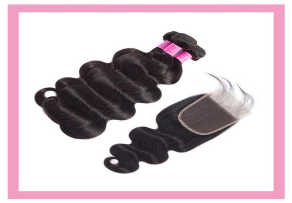 

indian body wave 3 bundles with 5x5 lace closure double wefts closures middle three part 4pcs natural color3534659, Black;brown