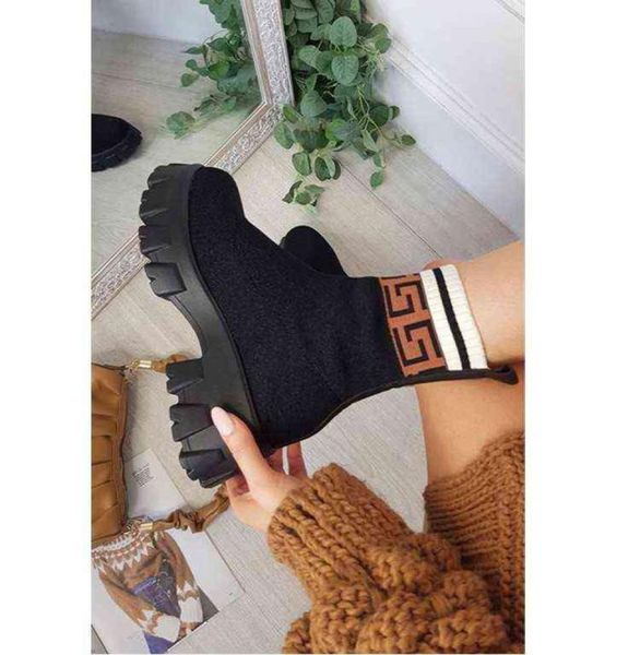 

2021 autumn winter new couple socks shoes women thicksoled casual large size net red knitted short boots women botas de mujer y119029679, Black