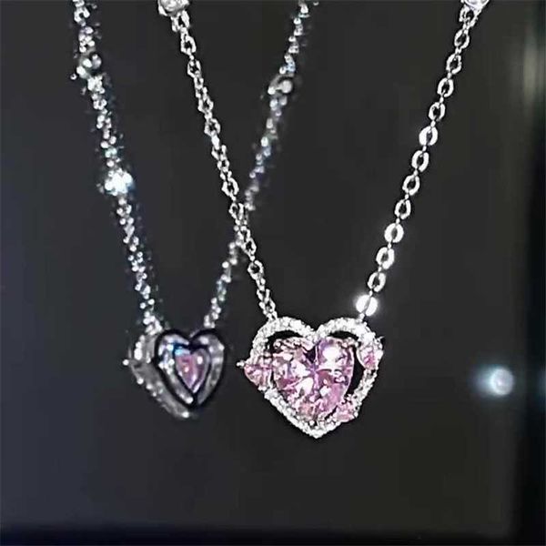 

pendant necklaces korean luxury hollow pink crystal heart pendant necklace silver color chain necklaces for women wedding aesthetic jewelry