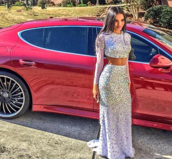 

fashion two piece crystal long prom dress rhinestone graduation dresses vestido longo brush train white long sleeve party gown chi5000672, Black