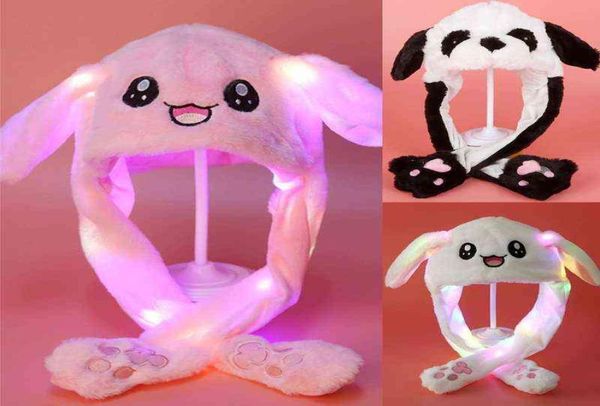 

light up plush animal hat with moving ears cartoon bunny panda led earflap cap x5xa y211112223490, Blue;gray