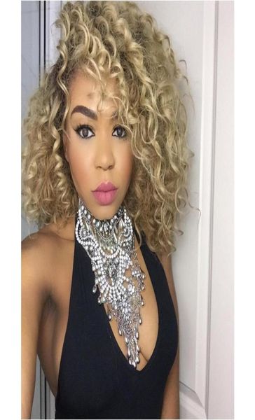 

selling short afro curly lace front wig synthetic hair for black women braids kanekalon ombre dark root blonde lace front wigs3129063
