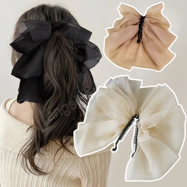 

sweet gentle women high ponytail fixed hair claw clip chiffon bowknot silk yarn hair clip bow banana clips hair accessories, Slivery;white