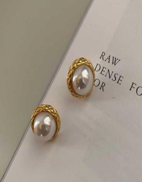 

round shape stud earring with pearl in 18k gold plated simple design women engagement jewelry gift ps43023538830, Golden