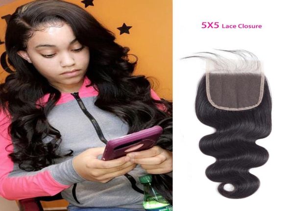 

brazilian virgin hair 5x5 lace closure natural color body wave five by five closures with baby hair 1224inch part4578238, Black;brown