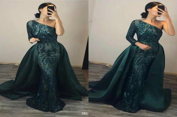

hunter green sparkly sequined evening dresses long sleeves one shoulder overskirt prom dresses custom made mermaid formal gowns4988371, Black;red