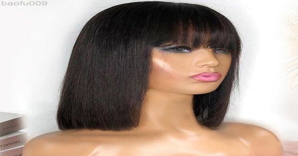 

short bone straight human hair bob wigs with fringe pony full machine wig seamless brazilian human hair wig for womentthair l220802677911, Black