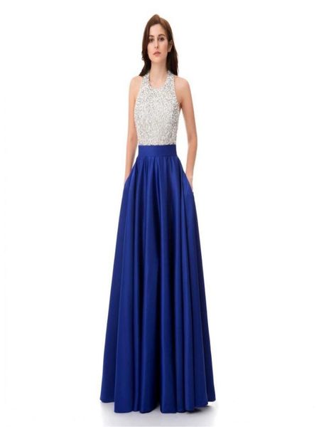 

royal blue satin prom dresses for women long with beading pocket halter floor length zipper formal evening party gowns 20197019958, Black