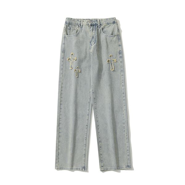 

2023 style hiking pant ripped embroidery mens jeans hip hop high street brand hombre motorcycle close designer loose straight barrel, Blue