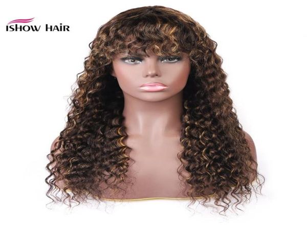 

ishow brazilian 427 ombre deep wave human hair wigs with bangs peruvian deep curly none lace wigs indian malaysian for black wome6551761, Black;brown