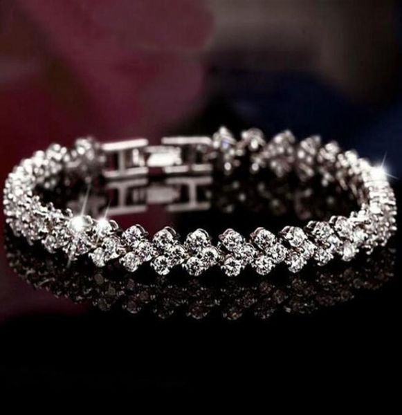

luxury austria shining crystal tennis bracelets genuine 925 sterling silver charms zircon diamond roman link bracelet jewelry9163230, Golden;silver