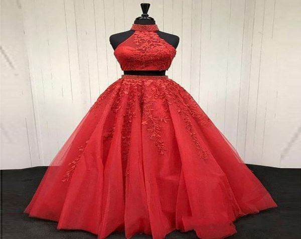 

new customize lace appliqued two piece prom evening dresses long halter ball gowns formal party dress vestido largo fiesta2880219, Black;red