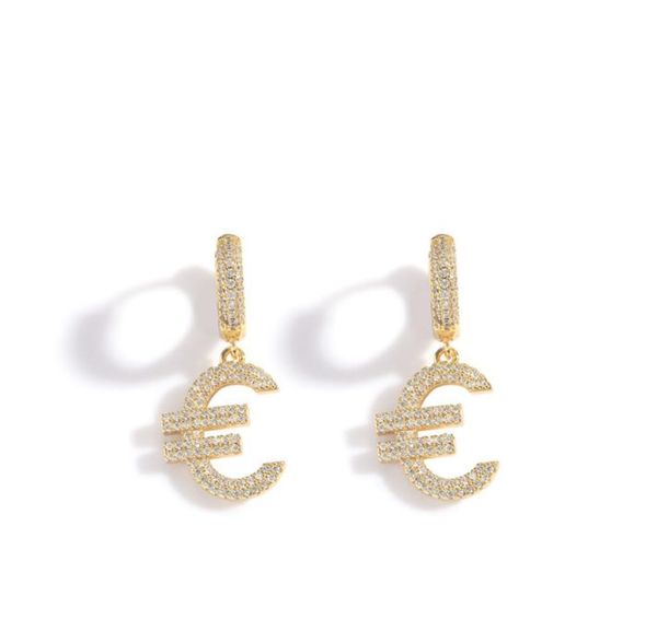 

18k gold plated iced out euro symbol earring stud earrings for men women hip hop jewelry gift8309531, Golden;silver