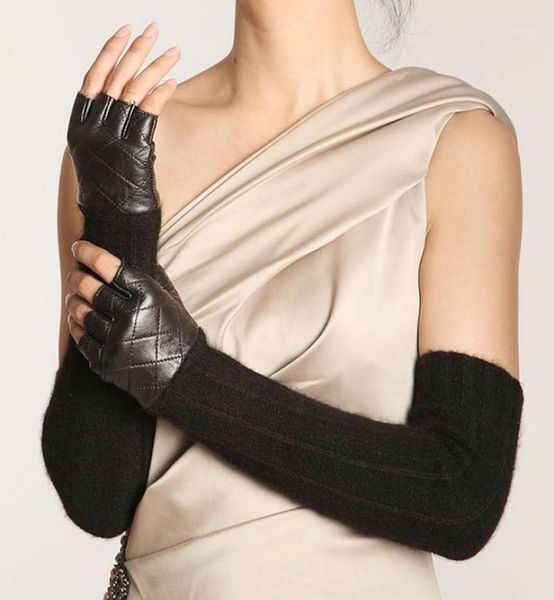 

five fingers gloves promotion women sheepskin long fingerless punk fashion genuine leather opera solid lady mitten winter wool glo4003625, Blue;gray