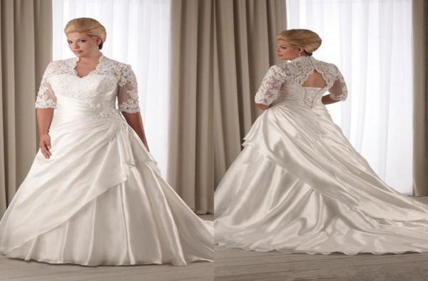

2019 lace plus size wedding dresses v neck half long sleeves open corset back long train church bridal gowns custom made vest5679121, White