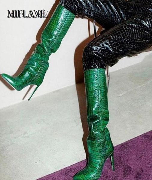 

fashion snakeskin printed high heels boots pointed toe slip on knee high boots female python leather party stiletto shoes9031851, Black