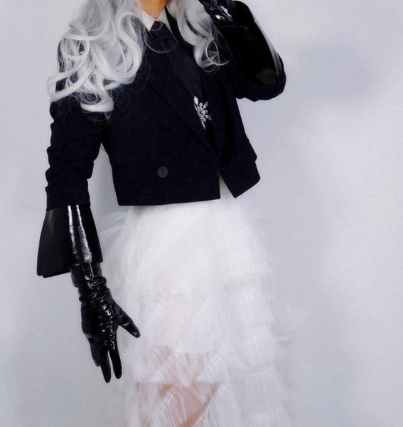 

five fingers gloves latex long faux leather pu 26quot 65cm black extra cut flip foldover women pu2461053079, Blue;gray