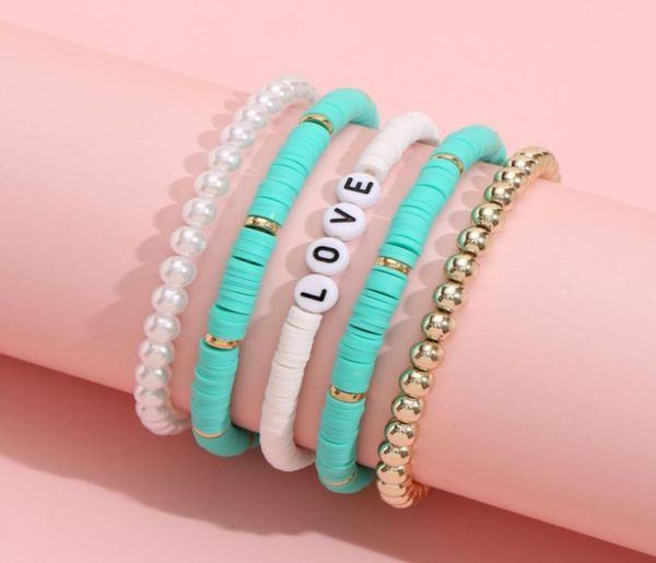

bohemian rainbow polymer clay disc strands bracelet imitation pearl letter love beads bracelets 5pcsset8476902, Black