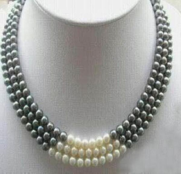 

3rows 78mm black white natural pearl necklace 1719quot0128060420, Silver