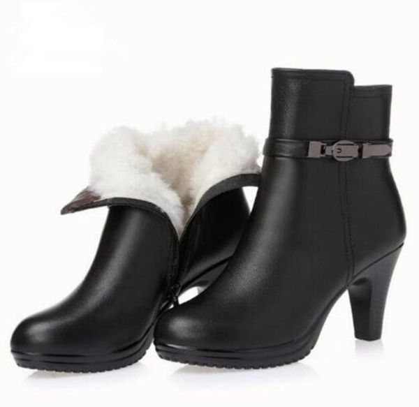 

warm and comfortable fur one wool shoes woman winter ankle boots 2020 new fashion cowhide leather shoes high heels women boots4229686, Black