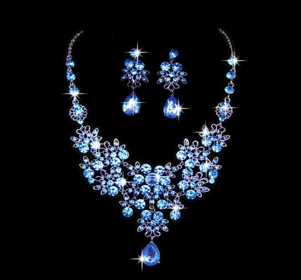 

crystal bridal wedding jewelry set fashion rhinestone water drop earrings necklace set hollow flower women party jewelry set gift3795341, Silver
