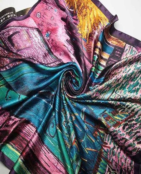 

scarves 90cm90cm women oil painting coffee house big size silk scarf shawls girl wraps1970801, Blue;gray