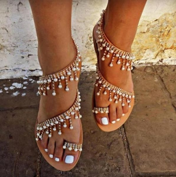 

vintage boho sandals women leather beading flat bohimia beach shoes plus size summer fashion woman1018623, Black