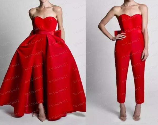

plus size 2019 red satin overskirt evening dresses with detachable skirts jumpsuits for women formal party gowns with big bowk pro4136542, Black;red