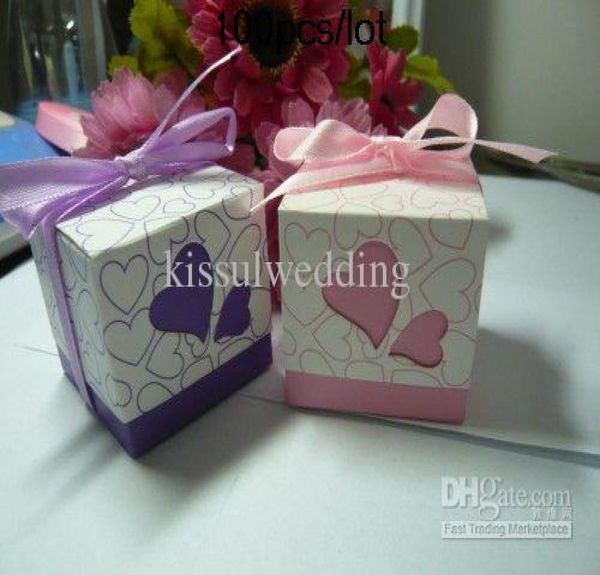

100pcslot heart design wedding favor boxes pink and purple color for candy box and cake box love heat gift box5052725