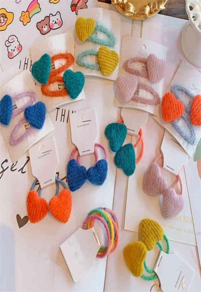 

5setlot new korea winter plush heart elastic hair rope candy color bb clips pony tail holder hairpins girls barrettes hairgrip4674641, Pink