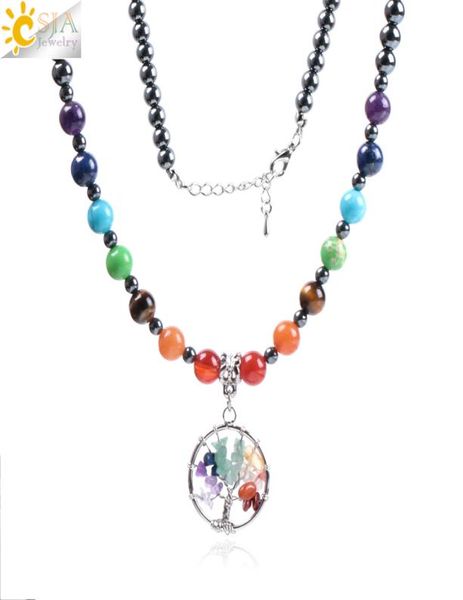 

csja long natural stone necklace with 7 chakra chips tree of life pendant for women men vintage black hematite reiki healing jewel3939732, Silver