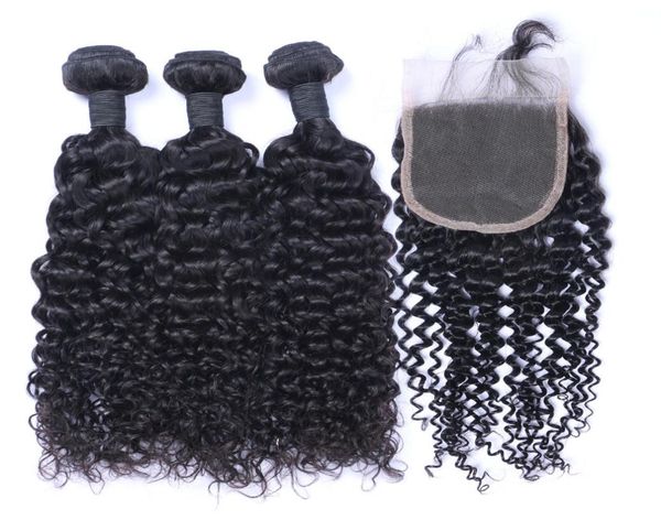 

brazilian jerry curly hair 3 bundles with closure middle 3 part double weft human hair extensions dyeable human hair weave4912482, Black