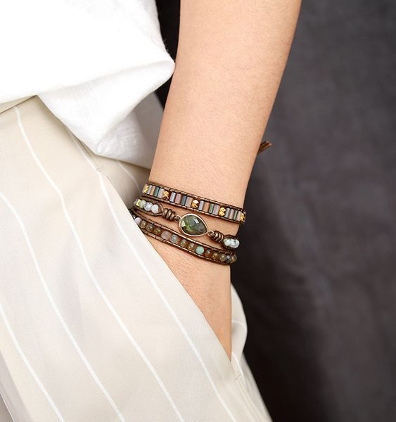 

designer jewelry bracelet pull feldspar drop shape wrap handmade bracelet ornaments three layers wrap braided leather rope hand string, Golden;silver