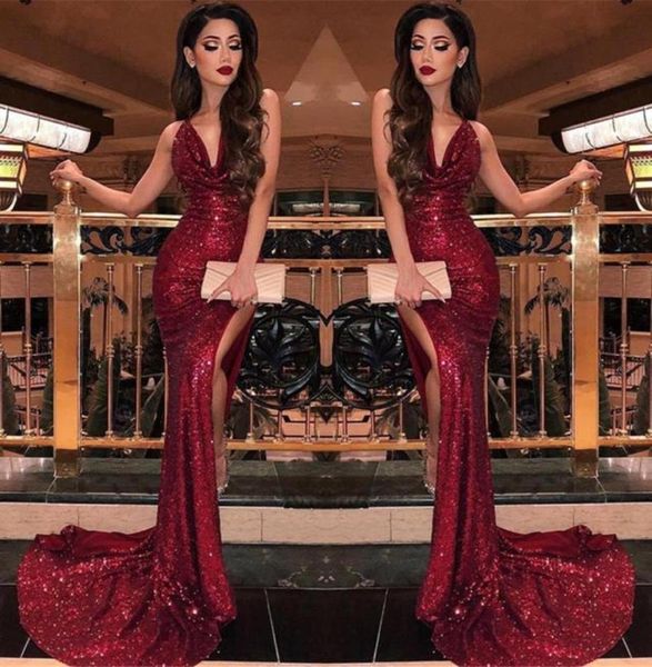 

2019 burgundy v neck sequin mermaid prom dresses split high slits vestidos de fiesta sweep train formal long evening party prom go3963382, Black