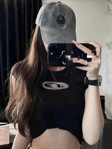

designer luxury brand diesels 23 summer niche design hollow out embroidery t-shirt sweet and spicy style short fit slimming short sleeved fe, White