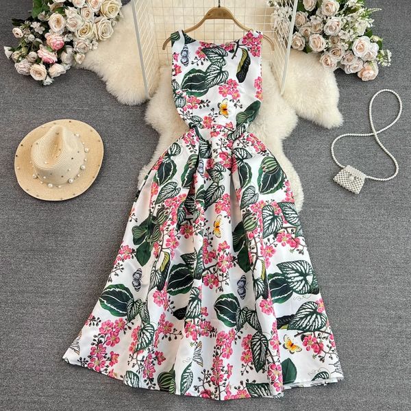 

light mature style retro temperament tank long skirt gentle style round neck waistband slimming mid length printed a-line dress, Black;gray