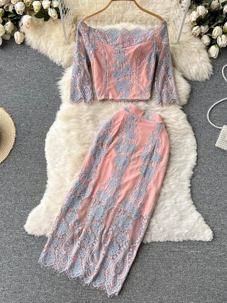 

dress ftlzz new summer elegant women embroidery two piece sets slash neck crop and casual lace mesh midi skirt, White