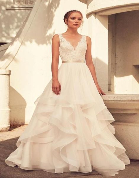 

paloma blanca spring wedding dress v neck lace applique a line bridal gowns simple sleeveless sweep train dresses5838834, White