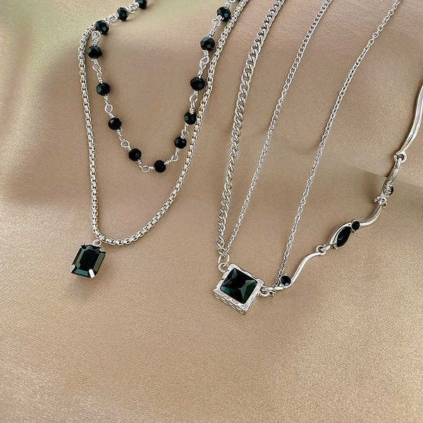 

pendant necklaces trend double layer square black zircon chain splicing necklaces for women female asymmetric clavicle chain necklace wholes, Silver