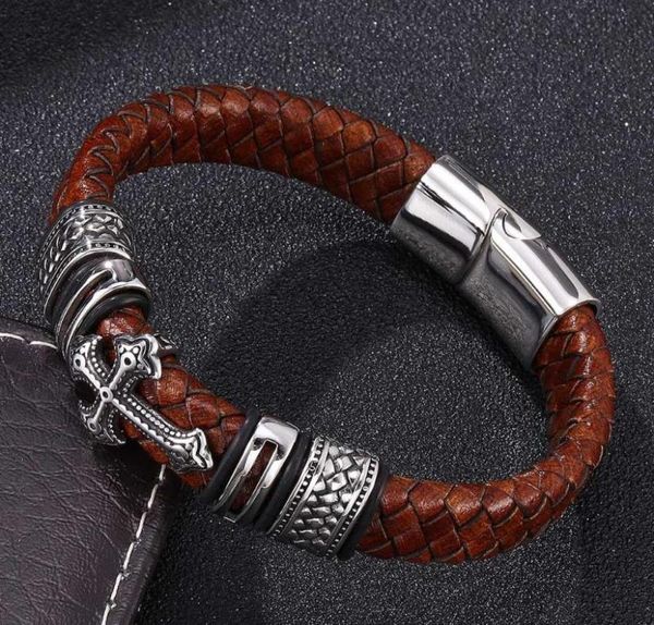 

quality vintage men jewelry brown braided leather cross bracelet stainless steel magnetic clasp mens handmade bangles bangle2376500, Black