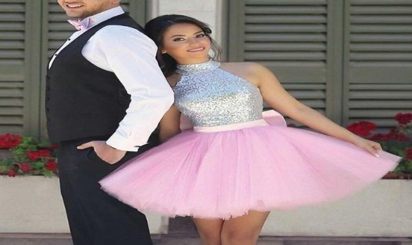 

short pink prom dresses high neck sequins with bow mini 8th junior high school homecoming gradation party dress gowns for coc9274207, Black